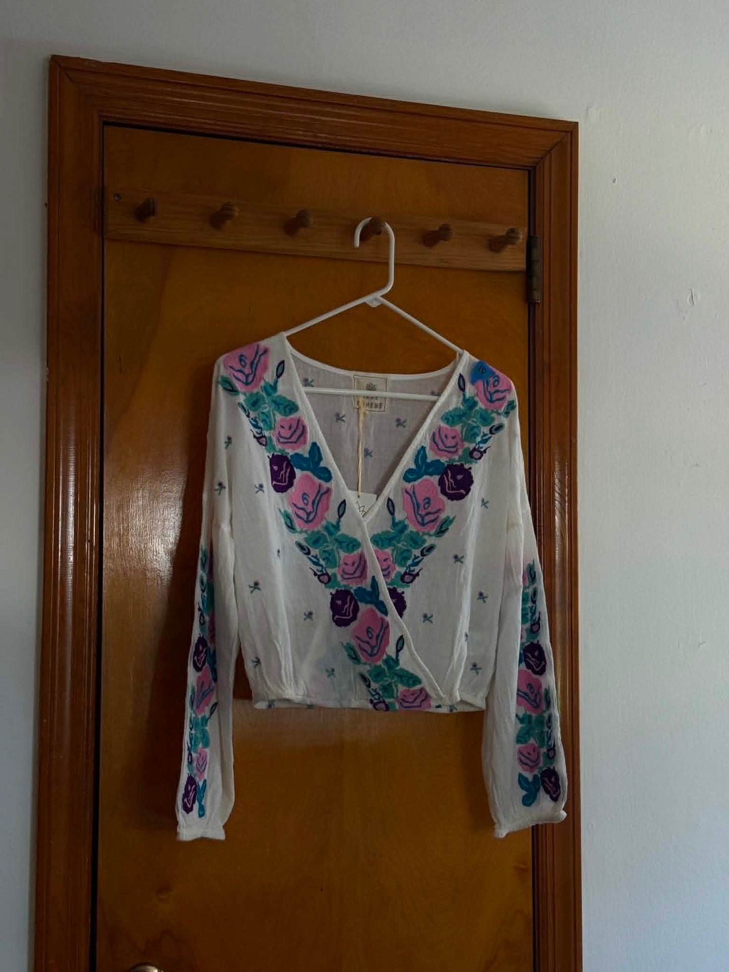 Vintage-Inspired Floral Embroidered Wrap Top