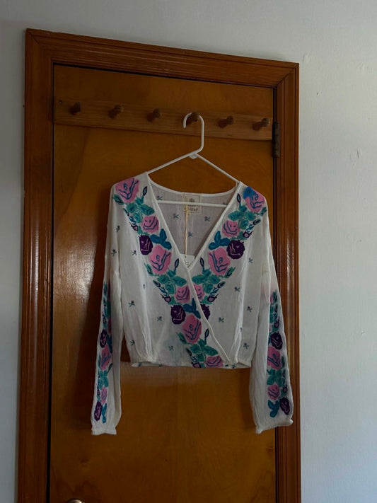 Vintage-Inspired Floral Embroidered Wrap Top