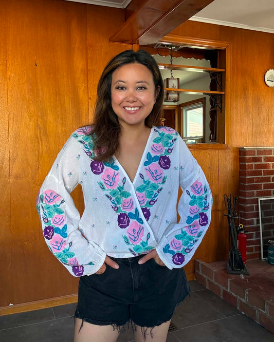 Vintage-Inspired Floral Embroidered Wrap Top